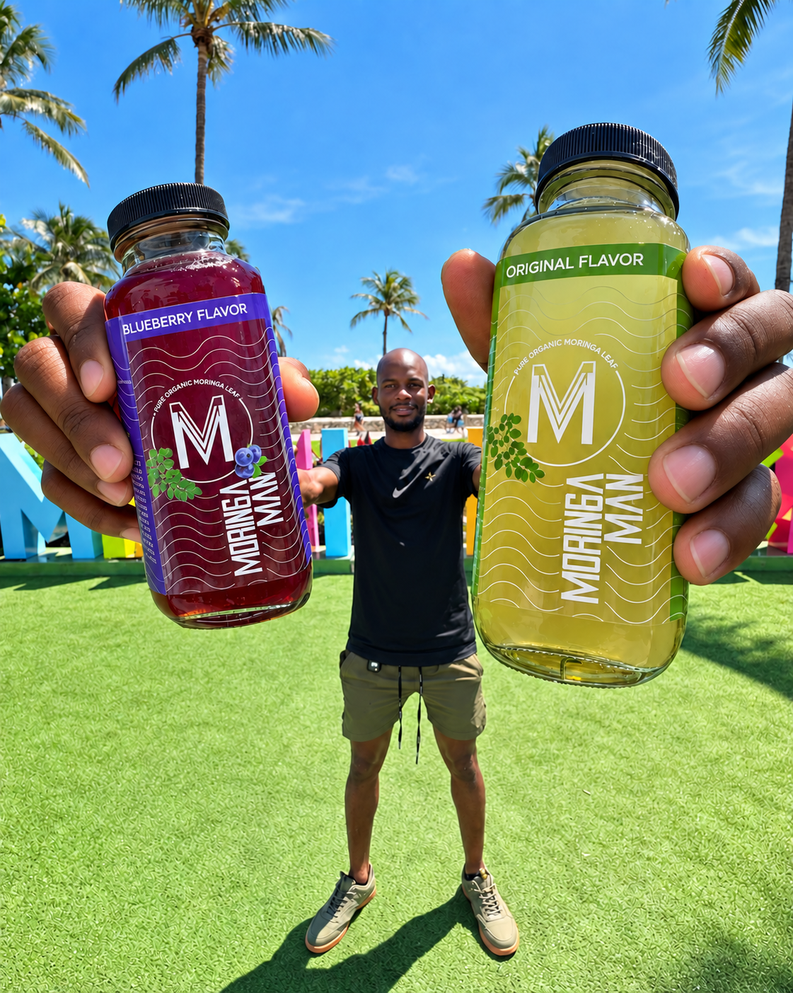 Moringa Man Original and Blueberry tea enjoyed outside in Florida